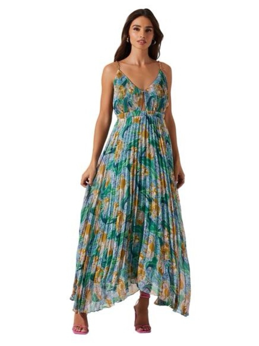 ASTR THR LABEL “Loralee” Pleated Floral Maxi Dress with Gold Chain Straps NWT